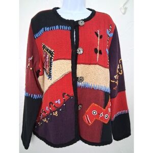Vintage Artsy Patchwork Cardigan Sweater Size M Sequins Beads Ribbons Embroidery
